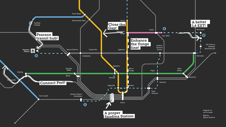 Map showing the gaps in Toronto's transit network.